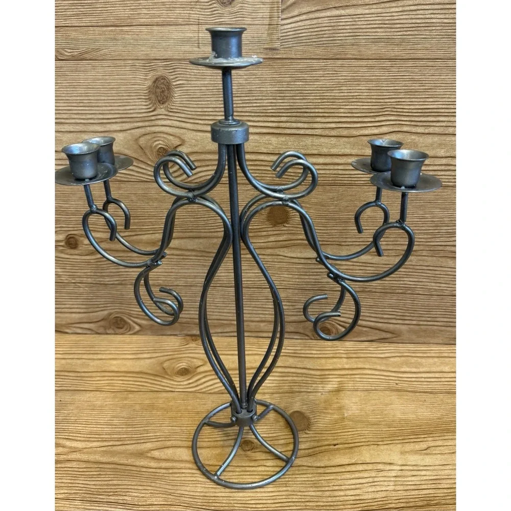 Vtg Grey Metal Candelabra 5 Arm Goth Gothic Scrolls Candlestick Holder